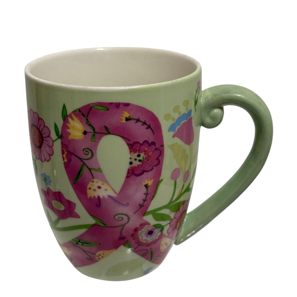 Lori Siebert Silvestri Breast Cancer Awareness Pink Ribbon Floral Green Mug 4.5"